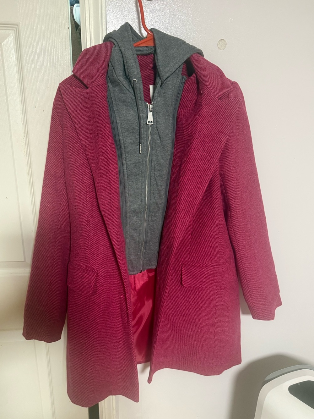 Avec Les Filles Burgundy Trench Coat with Gray Hoodie Liner